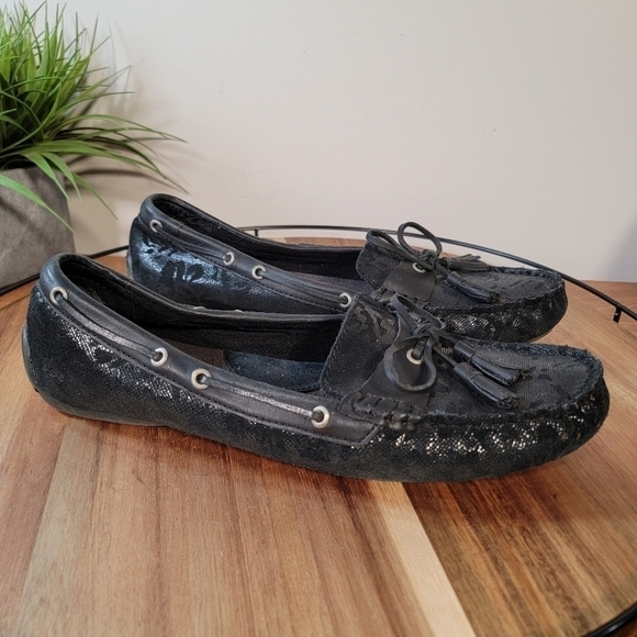 b.o.c. Black leather slip on loafers Size 11 driving shoes with tassels shimmery - Picture 4 of 17